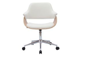 Chaise de bureau à roulettes design blanc, bois clair et acier chromé HANSEN