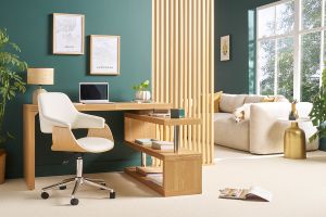 Chaise de bureau à roulettes design blanc, bois clair et acier chromé HANSEN