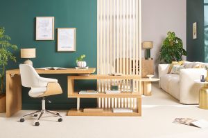 Chaise de bureau à roulettes design blanc, bois clair et acier chromé HANSEN