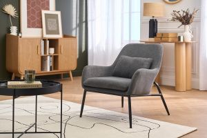 Fauteuil design en tissu effet velours gris foncé et métal noir MAXINE