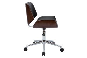 Chaise de bureau à roulettes design noir, bois foncé noyer et acier chromé RUBBENS