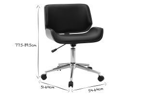 Chaise de bureau à roulettes design noir, bois foncé noyer et acier chromé RUBBENS