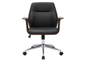Chaise de bureau à roulettes design noir, bois foncé noyer et acier chromé RUFIN
