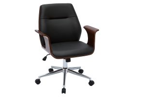 Chaise de bureau à roulettes design noir, bois foncé noyer et acier chromé RUFIN