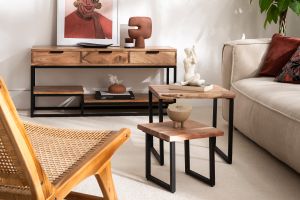 Meuble TV en bois massif et métal noir L115 cm WARREN