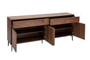 Buffet design en bois foncé noyer et métal noir 4 portes 2 tiroirs L180 cm BLISS