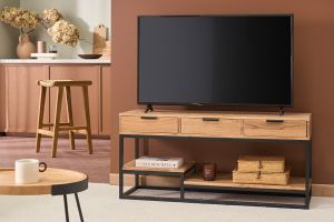 Meuble TV en bois massif et métal noir L115 cm WARREN
