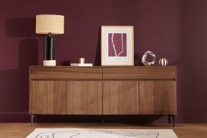 Buffet design en bois foncé noyer et métal noir 4 portes 2 tiroirs L180 cm BLISS