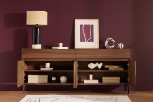 Buffet design en bois foncé noyer et métal noir 4 portes 2 tiroirs L180 cm BLISS
