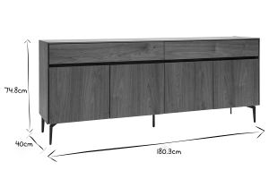 Buffet design en bois foncé noyer et métal noir 4 portes 2 tiroirs L180 cm BLISS