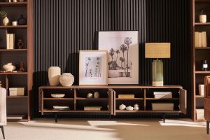 Meuble TV vintage bois foncé noyer et métal noir L200 cm MANNY