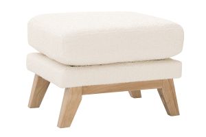 Pouf repose-pieds déhoussable scandinave en tissu effet laine bouclée blanc cassé et bois clair OSLO