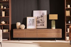 Meuble TV vintage bois foncé noyer et métal noir L200 cm MANNY
