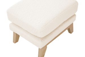 Pouf repose-pieds déhoussable scandinave en tissu effet laine bouclée blanc cassé et bois clair OSLO
