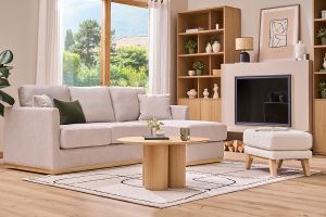 Pouf repose-pieds déhoussable scandinave en tissu effet laine bouclée blanc cassé et bois clair OSLO