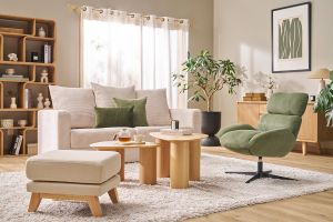 Pouf repose-pieds déhoussable scandinave en tissu beige et bois clair OSLO