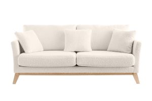 Canapé scandinave déhoussable 3 places en tissu effet laine bouclée blanc cassé et bois clair OSLO
