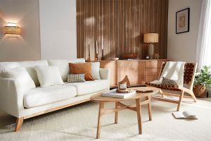 Canapé scandinave déhoussable 3 places en tissu effet laine bouclée blanc cassé et bois clair OSLO