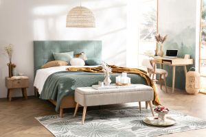 Tête de lit capitonnée en tissu effet velours vert lagon L160 cm HALCIONA