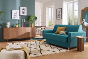 Divano letto scandinavo blu anatra con materasso 18 cm GRAHAM