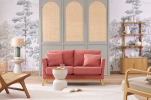 Canapé scandinave déhoussable 2 places en tissu effet velours texturé terracotta et bois clair OSLO