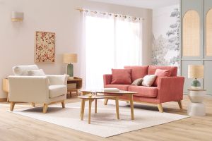 Canapé scandinave déhoussable 2 places en tissu effet velours texturé terracotta et bois clair OSLO