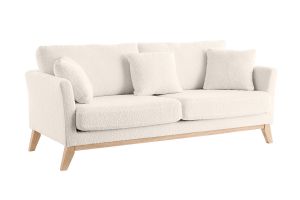 Canapé scandinave déhoussable 3 places en tissu effet laine bouclée blanc cassé et bois clair OSLO