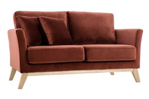 Canapé scandinave déhoussable 2 places en tissu velours rouge tomette et bois clair OSLO
