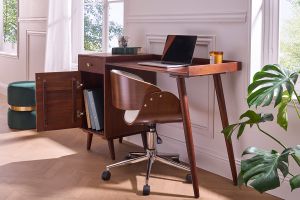 Bureau avec rangements vintage bois massif et métal doré L130 cm ROBY