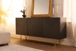 Buffet design gravé noir et métal doré 3 portes L160 cm OZEN