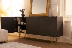 Buffet design gravé noir et métal doré 3 portes L160 cm OZEN