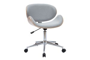 Chaise de bureau à roulettes design en tissu gris clair, bois clair et acier chromé WALNUT
