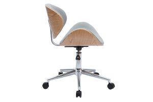 Chaise de bureau à roulettes design en tissu gris clair, bois clair et acier chromé WALNUT