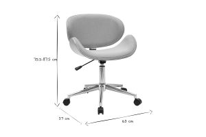 Chaise de bureau à roulettes design en tissu gris clair, bois clair et acier chromé WALNUT
