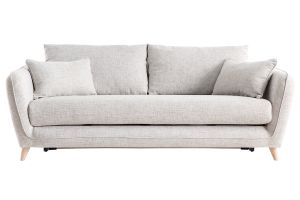 Canapé convertible scandinave 3 places en tissu gris clair chiné et bois clair avec matelas 10 cm CREEP