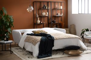 Canapé convertible scandinave 3 places en tissu gris clair chiné et bois clair avec matelas 10 cm CREEP