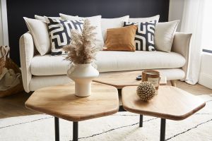 Table basse 3 plateaux bois massif et métal noir L95 cm SUZANE