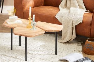 Table basse 3 plateaux bois massif et métal noir L95 cm SUZANE