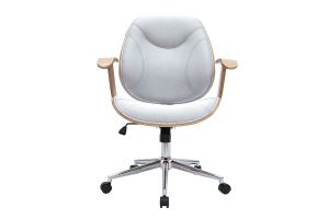 Chaise de bureau à roulettes design en tissu gris clair, bois clair et acier chromé YORKE