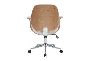 Chaise de bureau à roulettes design en tissu gris clair, bois clair et acier chromé YORKE