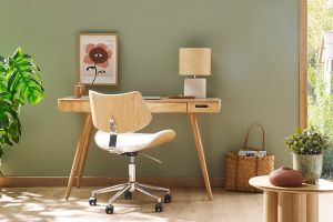 Bureau connecté multimédia  avec tiroir bois clair massif L120 cm CLEVER