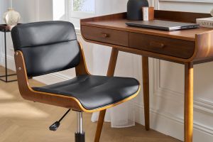 Chaise de bureau à roulettes design noir, bois foncé noyer et métal noir ARAMON