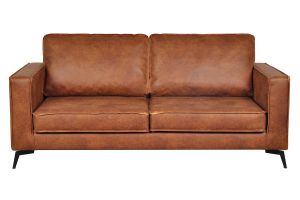 Canapé vintage 3 places cuir marron cognac aspect vieilli et métal noir SONNY