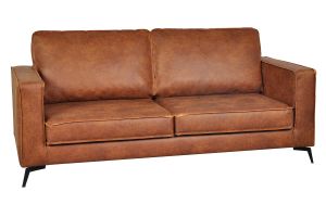 Canapé vintage 3 places cuir marron cognac aspect vieilli et métal noir SONNY