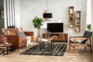 Canapé vintage 3 places cuir marron cognac aspect vieilli et métal noir SONNY