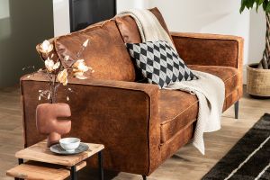 Canapé vintage 3 places cuir marron cognac aspect vieilli et métal noir SONNY