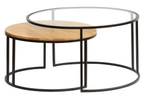 Tables basses gigognes rondes verre trempé, bois manguier massif et métal noir (lot de 2) TAHL