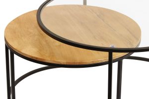 Tables basses gigognes rondes verre trempé, bois manguier massif et métal noir (lot de 2) TAHL