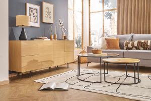 Tables basses gigognes rondes verre trempé, bois manguier massif et métal noir (lot de 2) TAHL