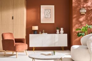 Buffet design blanc et métal doré 3 portes L160 cm OZEN
